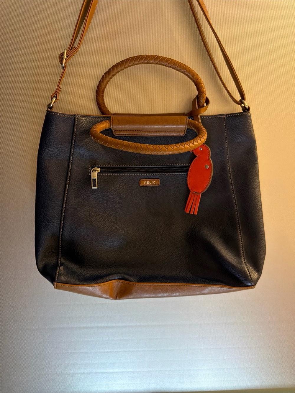 Relic Black and Brown Shoulder Tote with Red Bird Charm